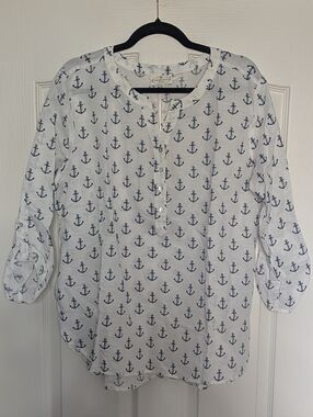 grand & greene White Tunic with Navy Anchor Print Linen And Cotton XL